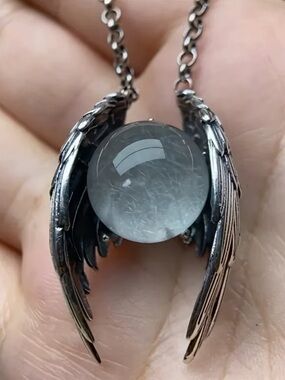 Vintage Winged Silver-Tone Crystal Orb Necklace - Clear